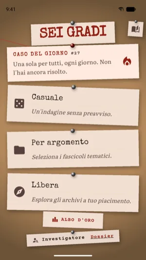 La bacheca iniziale: il caso del giorno numero 27 e, sotto, le indagini Casuale, Per argomento e Libera.