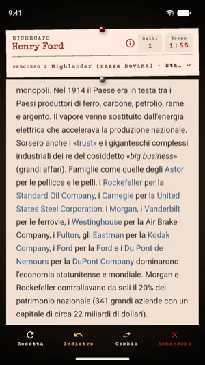 La schermata di gioco: in alto l'obiettivo Henry Ford, il numero di salti e il tempo; sotto, il testo della voce Stati Uniti d'America con i link in blu.
