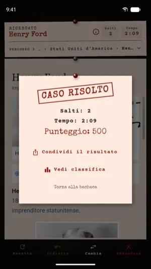 Il timbro Caso risolto: 2 salti, tempo 2 minuti e 9 secondi, punteggio 500, con i pulsanti per condividere il risultato e vedere la classifica.