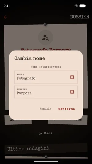 La finestra Cambia nome: il ruolo Fotografo e il termine Porpora, ognuno con un dado per pescarne un altro.